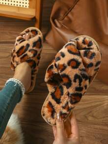 Designer Plush Leopard Print Slippers, Fashion Non-Slip Breathable Lightweight, All Season Cross-Strap Non-Slip Open-Toe Comfortable Indoor/Outdoor Animal Pattern Slides - Brown - View 8