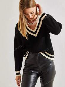 Women's V-Neck Knit Long Sleeve, Loose Fitting Sweater