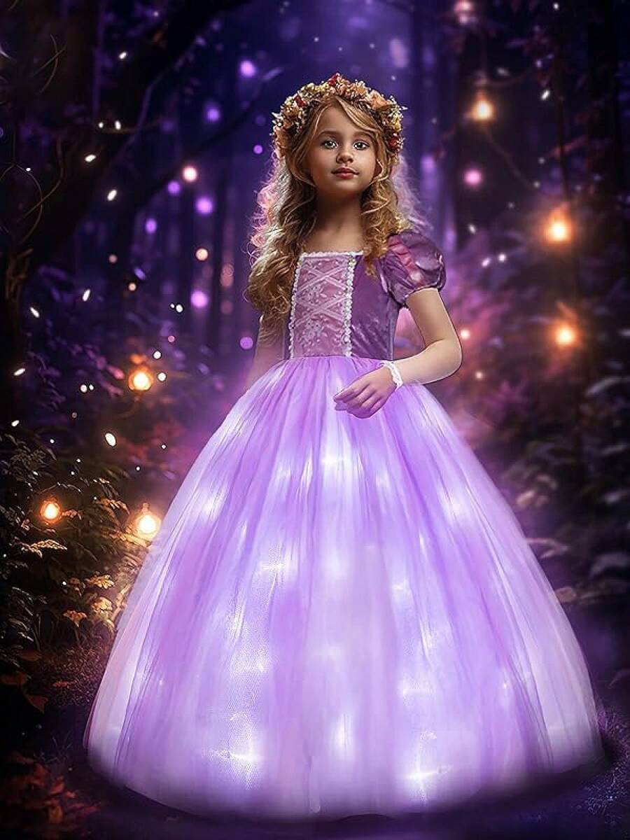 Light Up Princess Dress Girls Halloween Costume Costume Toddler Dressing Up Bithday Party, Purple - 紫色天鵝絨 - 查看 1