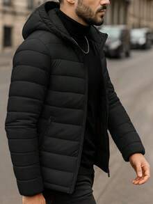 Chamarra Acolchada para Hombre con Capucha desmontable, Estilo Urbano, Protección Antifrío, Forro afelpado, - Negro - Ver 2