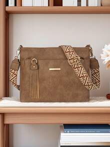 复古休闲斜挎包，大容量，女士休闲斜挎包，可拆卸可调节肩带，拉链封口，适合日常通勤、购物和旅行 - 咖啡棕色、黑色、深棕色，几何图案点缀，纹理表面 - 彩色 - 查看 8