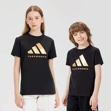 Áo thun ngắn tay cổ tròn thoáng khí Adidas dành cho trẻ em, áo thun in họa tiết mùa hè, áo thể thao thoáng khí cho bé trai và bé gái, áo lót thường ngày cho trẻ em. - màu đen - Xem 2