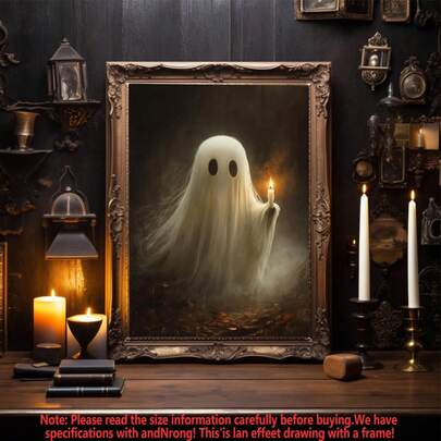 1pc Cute Candle Holding Ghost Print, Vintage Scary Halloween Ghost Wall Art, Dark Academic Room Decoration,Wall Arts, Posters, Wall Art With Frame, Halloween Home Decor For Living Room, Bedroom, Office, Etc. - Perfect For Holidays, Murals, Posters, Birthday Gifts, Graduation Gifts - Canvas Material ( Optional Frame) Halloween Decor Fall Decor