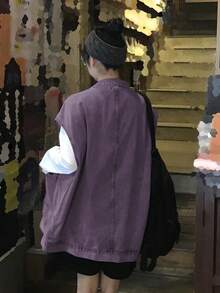 女款寬鬆版型牛仔背心，附翻蓋口袋（不含內搭衣物），休閒夏季款 - 紫色 - 查看 4