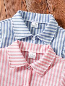 2 件年轻女孩条纹领罗纹袖口纽扣前开衫，简约时尚春秋日常休闲柔软百搭，户外休闲 - 彩色 - 查看 3