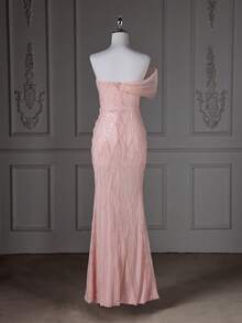 Women Sequin Slip-On Dress With Zipper Back & Padded Bust - Baby Pink - View 4
