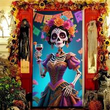 2D 横幅，1 个墨西哥亡灵节和万圣节派对装饰 - 彩色聚酯材料，带有糖头骨、金盏花和剪纸风车图案，适合室内和室外活动，无需电力，墨西哥主题派对装饰 - 彩色 - 查看 4