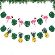 1pc Hawaiian Tropical Flamingo Summer Party Decor Banner Garland Bunting Tropical Jungle Banners Happy Birthday Decoration - Multicolor - View 2