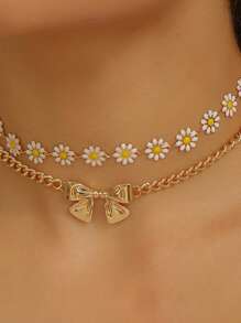 2 Stücke/Set Sommer Gänseblümchen Metall Schleifen Choker Halskette, Blumen Tropfen Öl Schmetterling Design Schmuck, geeignet für den täglichen Gebrauch