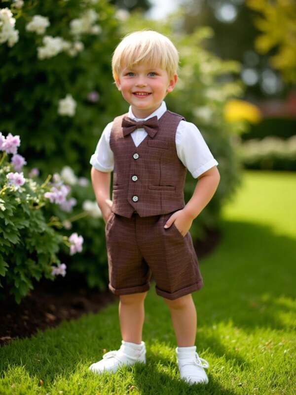 Set de 3 piezas para niño pequeño estilo caballero para el verano: chaleco a cuadros y pantalones cortos con pajarita