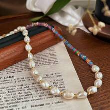 Boho Vacation Style Natural Cultured Baroque Pearl & Colorful Disc Beads Necklace, Suitable For Daily Wear For Women