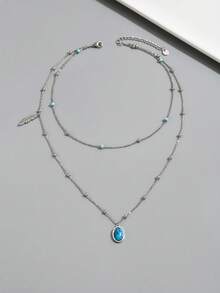 1 Stück Vintage türkisfarbenes ovales Blatt Edelstahl Doppelschicht Halskette, verfeinertes personalisiertes Feiern Halsketten Accessoire für Damen - Silber - Übersicht 13