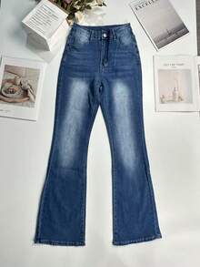 Women's Vacation Style Casual Ins Washed Frayed Skinny Flare Jeans Spring - Medium Wash - View 3