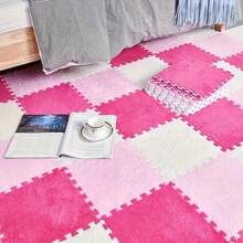 24 块毛绒拼布地毯，蓬松床边地毯，拼图泡沫地垫，方形飘窗垫，美观的房间装饰，适用于客厅、卧室、榻榻米、游戏室，11.81*11.81 英寸，可水洗可修剪，四季皆宜