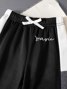 Conjunto de moletom e calça com estampa de letras e contraste de cores para meninos adolescentes - Preto - Ver 7