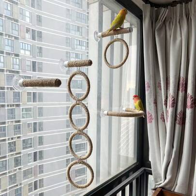 多功能麻绳鹦鹉栖木，可吸盘安装在玻璃上作为鹦鹉空中栖木，也可安装在笼子里作为鹦鹉秋千和 U 型栖木，多功能鹦鹉运动架和游乐场