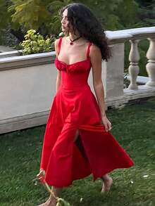 Mujeres Temperamento Moda Senior Sentido Francés Tirantes Suave Viento Vestidos Largo Dividido, Mujeres Temperamento Elegante Sexy Tirantes Vestido Elástico, conjuntos elegantes de mujer falda,Suave y Cómodo Tejido Agradable a la Piel, Adecuado para Banquetes, Asistir a Eventos, Hospedaje, Playas, Viajar Sesiones de Fotos, Fotografía de Calle, Trabajo y Uso Casual Diario. - Rojo - Ver 5