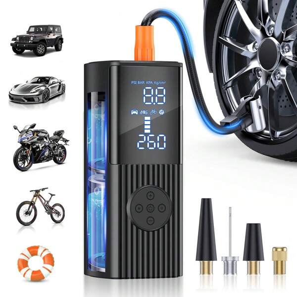 12V 8000mAh Portable Car Air Compressor Tire Inflator Pump - Rapid Charging, 180PSI, Auto-Stop, Tire Pressure Monitoring, LED Light And Warning Light, Suitable For Cars, Bicycles, Motorcycles, Sports Balls