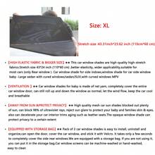2 paquets de stores moustiquaire pour fenêtres latérales et arrière de voiture pour bébé. Protègent les enfants et les adultes des coups de soleil. Faits d'un matériau stretch de qualité. Convient à la plupart des véhicules. Rideaux de voiture avec protection anti-moustiques