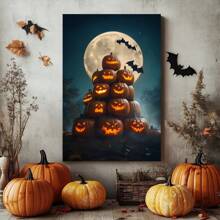 1 Piece, Halloween Pumpkin Pile With Different Expressions, Background With Moon And Bats, Retro Frameless Art Decoration Painting, Printed Poster Mural, Waterproof Canvas, Suitable For Home, Office, Bedroom, Living Room, Study, Bathroom, Bar, Mural And Home Decoration, Is An Ideal Holiday Gift