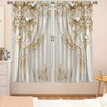 [Luxury Lace Curtain] 2pcs Luxury Polyester European Lace Pearl Curtains - Fashion Modern 2D Stereo Pattern Gorgeous Rod Art Wall Hanging Bedroom Living Room Dormitory Decoration