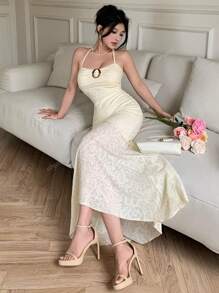 abyoxi Vestido de encaje con hombros descubiertos para primavera y verano, de cuello colgante, decoración con hebilla redonda, ruedo asimétrico con volantes y falda plisada de cola de pez a la cintura baja, vestido casual diario, vestido y falda, temporada de bodas