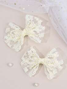 2 piezas/4 piezas Pinzas para el cabello con lazos de tul rosa y blanco para niñas, lazos de perlas artificiales, accesorios elegantes para el cabello para uso diario de adolescentes como regalo
