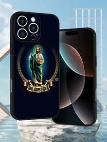 1pc St. Jude Tobias Religious Pattern Frosted Texture Mobile Phone Case With Lens Protection And Drop-Proof Design, Suitable For IPhone 11, 12, 13, 14, 15, 16 Pro Max And Other Models - 黑色 - 查看 3