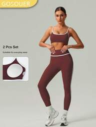 GOSOUER 2 PCS CO Ord Set Spring And Summer Women Fashion White Line Yoga Sports Bra And Legging