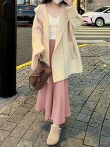 女士高腰针织美人鱼半身裙，垂坠效果，秋冬款 - 粉色 - 查看 3