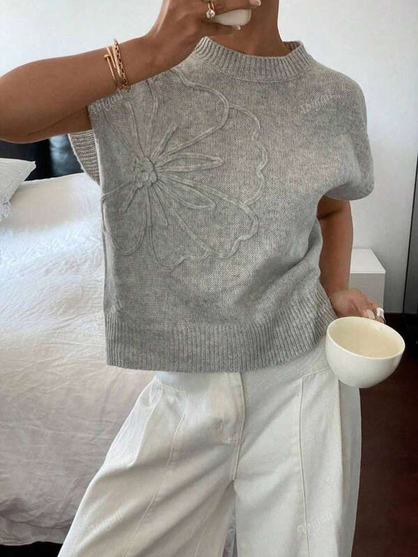 Minimalana Plus Size Spring/Summer Chic Casual Vacation Three-Dimensional Floral Design Crewneck Sleeveless Sweater Top Brunch Outfits For Women