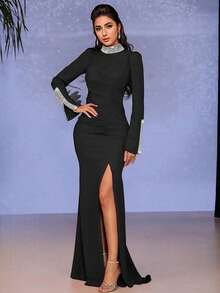 Black High Neck Long Sleeve Rhinestone Slit Bodycon Maxi Dress, Elegant For Women's Ball, Wedding, Birthday, Graduation Ceremony - Black - View 3
