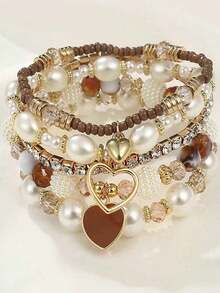 5pcs Pearl & Beaded Bracelets, Fashion Multilayer Wrist Bracelet Set Women - Multicolor - View 6