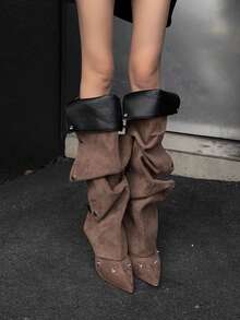 Fall/Winter 2025 Summer New Button Splice Layered Boots, Pointed Toe Thin Heel Tall Boots For Fashionable Ladies,Brown Boots,Y2K Style - Brown - View 5
