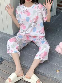 AICJ 2件套 女童休闲简约可爱卡通猫咪字母印花粉色上衣，七分裤，春夏家居服套装 - 彩色 - 查看 6