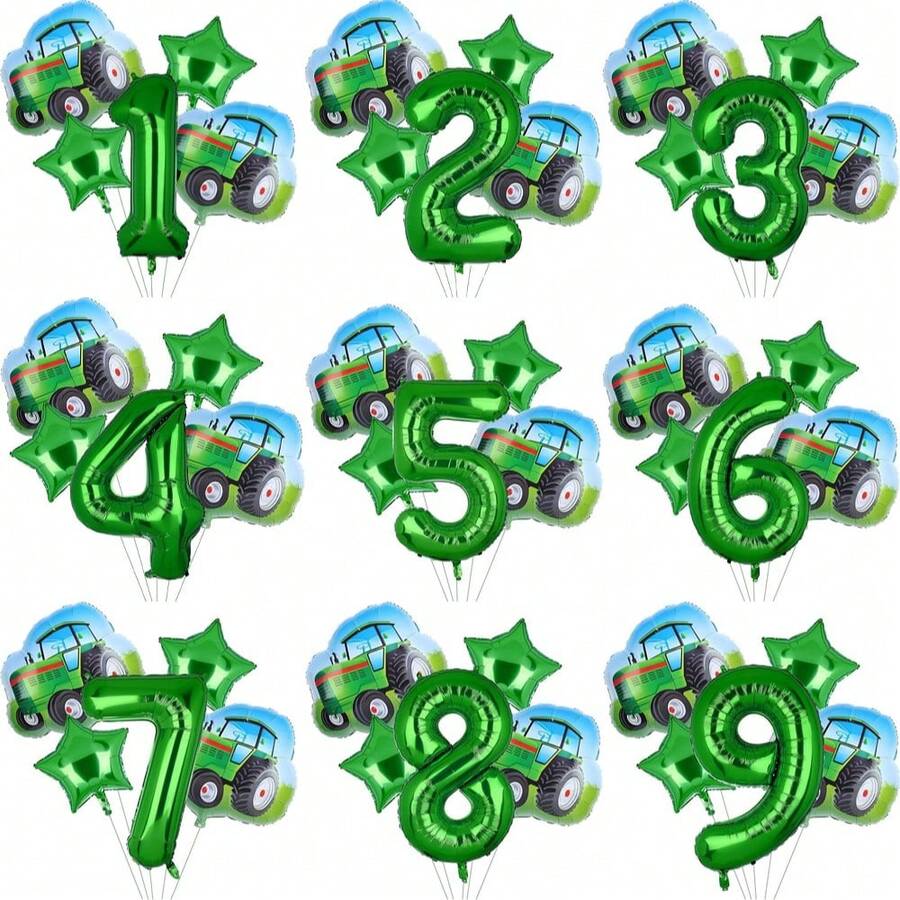5pcs Tractor Themed Green Numbered 1-9 Foil Balloons, Farm Theme Birthday Party Decoration