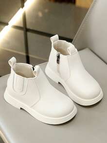 Leather Patchwork & Stitching Casual Style Girls Boots, Soft Sole British Style With Plush Lining, Fashionable Girls Booties - White - View 7