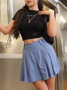 Faldas cortas casuales de color sólido para mujer de primavera y verano, falda pantalón - Azul - Ver 2