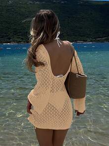 女士长袖镂空泳衣罩衫，优雅波西米亚海滩度假风，V领半身裙 - 杏色 - 查看 7