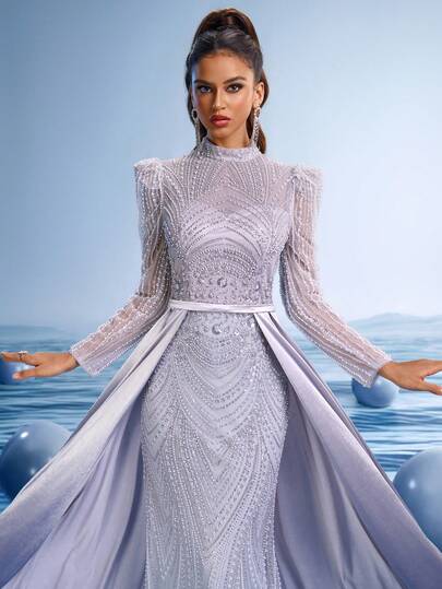 GIFORU Luxury Grey Beaded High Neck Prom Dress Crystal Mermaid Gown Detachable Train Wedding Dresses For Bride Women Sparkly Long Graduation Party Dress
