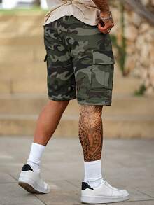 1pc Men'S Summer Camo Cargo Shorts With Multiple Pockets, Drawstring Waist, And Letter Patch - Casual Five-Point Outdoor Shorts For Hiking, Fishing, And Casual Attire, Hiking Apparel | Letter Patch Shorts | Non-Stretch Fabri - Camouflage Army Green - View 4