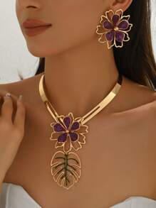 Set de 3 piezas de collar + pendientes con diseño de flor hueca de gota de aceite de estilo bohemio y colorido para mujeres, adecuado para uso diario, casual, playa, cita, fiesta, regalo