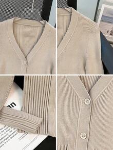 V-Neck Design With Thin Buckle, Long Sleeve, Ribbed Sweater, Bottom Cardigan For Women, Autumn/Winter - Light Khaki - View 8
