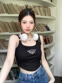 女士性感无袖刺绣露脐上衣，修身剪裁，甜美风格，适合夏季街头休闲穿着，黑色 - 黑色 - 查看 6