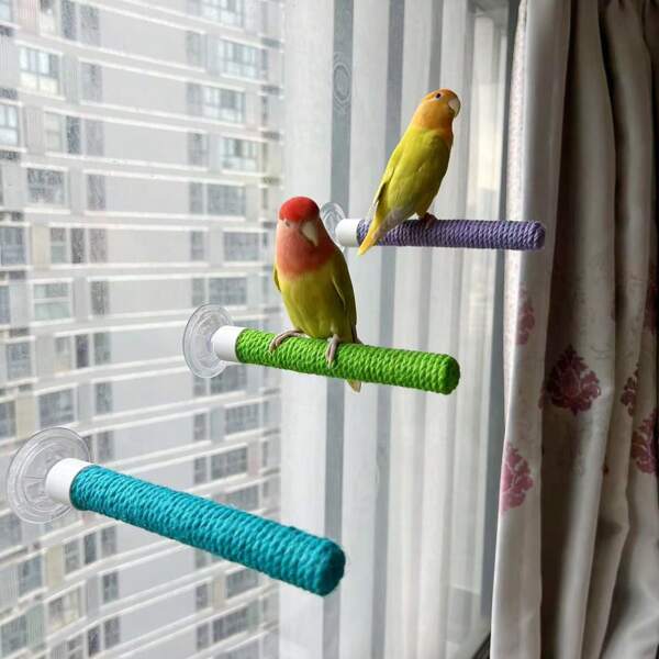 Multifunctional Colorful Natural Sisal Rope Wrapped Parrot Stand, Can Be Suction Cup Mounted On Window Glass For Sunbathing, Or Screw Mounted In Cage As Perch
