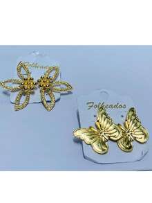 KIT DE 2 PARES DE BRINCOS FOLHEADOS ELEGANTES, ESTAMPAS VARIADAS, TAMANHO 2 A 5 CM - KIT 10 - Visão 2