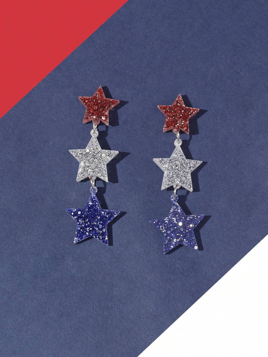 1Pair Joyful Celebration Shiny Star America USA Flag Color Star Drop Earrings For Women Girl For 250th Anniversary Independence Day Accessories Jewelry - Multicolor - View 1