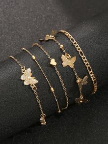 4pcs Set Elegant Butterfly, Heart, Minimalist Beaded Multilayer Anklet, Adorned With Shiny Faux Diamonds, Vintage Bohemian Style Foot Jewelry, Suitable For Summer Vacation, Beach Party, Sexy Bikini Wear - Gold - View 4