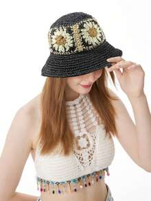 Women's Summer Handmade Woven Flower Hat, Beach Sun Hat, Fashion Patchwork Straw Hat - Flower Straw Hat - View 20