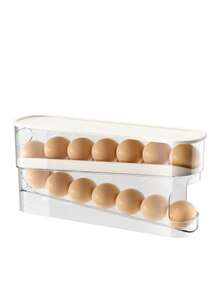 Soporte automático de doble capa para huevos, mantiene los huevos frescos, contenedor deslizante que sostiene de 12 a 14 huevos - Diseño con bisagras, material plástico, sin contacto con alimentos - Organizador de refrigerador, bandeja de huevos de cocina